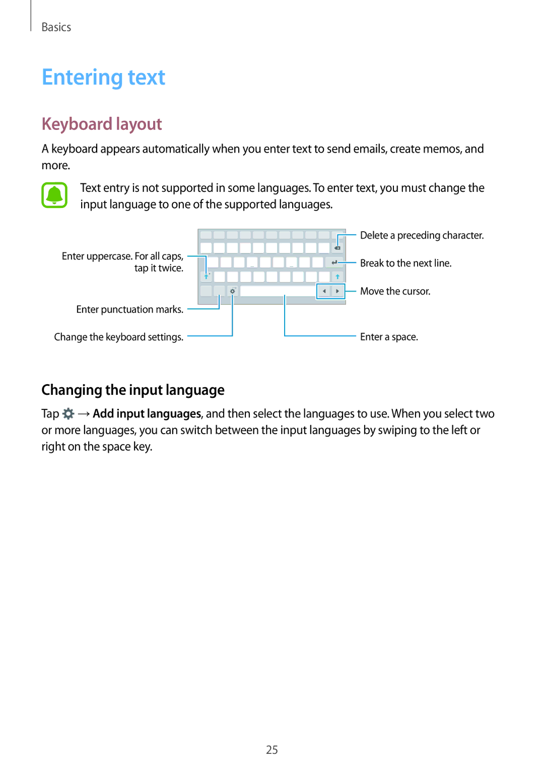 Samsung SM-T280NZKASER, SM-T280NZKADBT, SM-T280NZWADBT manual Entering text, Keyboard layout, Changing the input language 