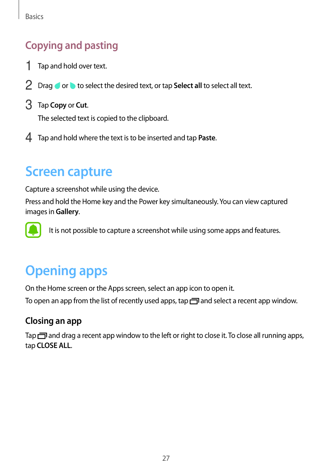 Samsung SM-T280NZSASER, SM-T280NZKADBT, SM-T280NZWADBT Screen capture, Opening apps, Copying and pasting, Closing an app 