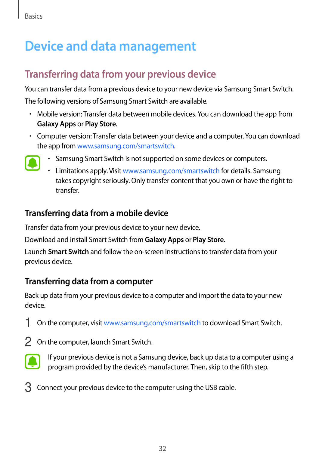 Samsung SM-T280NZKAITV, SM-T280NZKADBT manual Device and data management, Transferring data from your previous device 