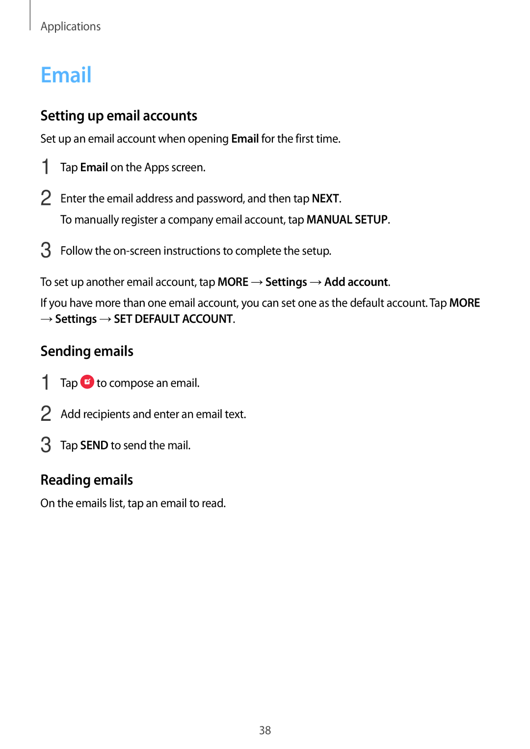 Samsung SM-T280NZKAEUR manual Setting up email accounts, Sending emails, Reading emails, → Settings →SET Default Account 