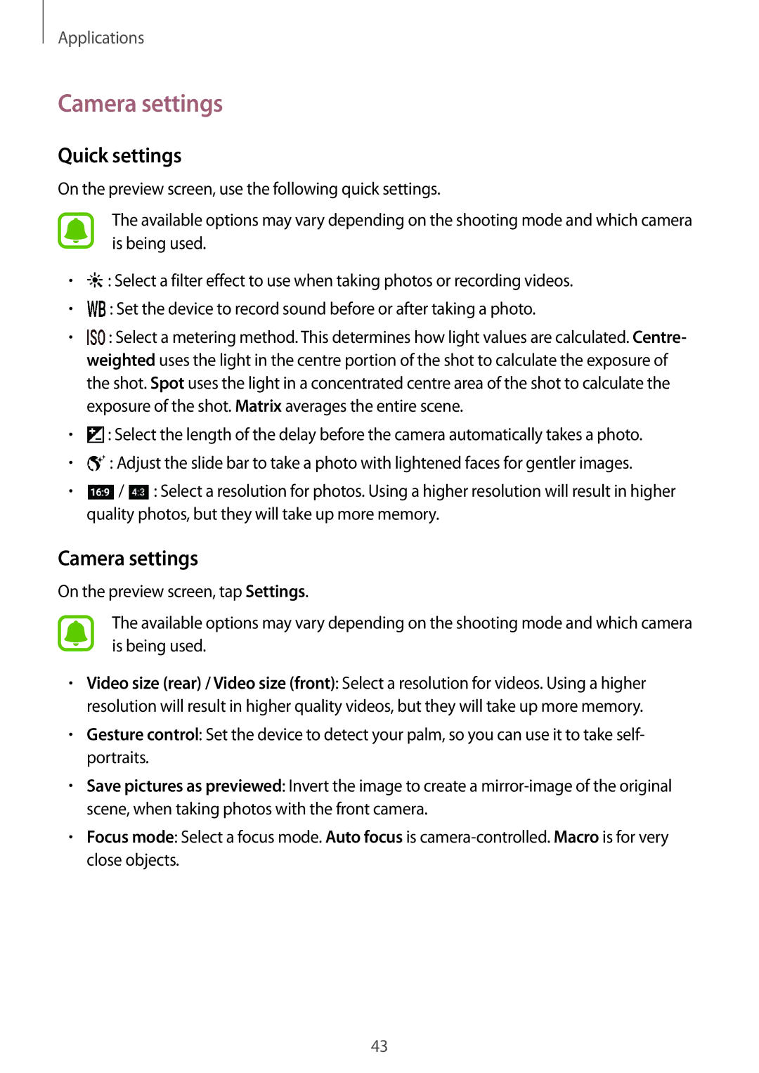 Samsung SM-T280NZWAXEZ, SM-T280NZKADBT, SM-T280NZWADBT, SM-T280NZKAXEF, SM-T280NZWAXEF manual Camera settings, Quick settings 