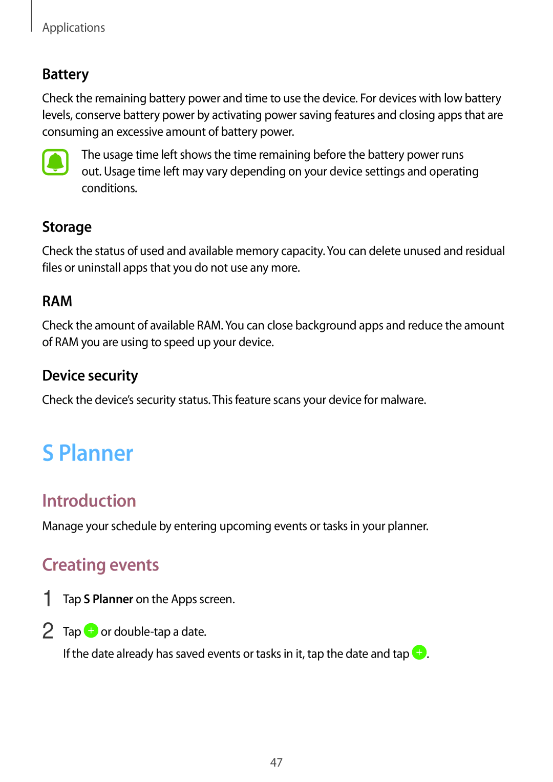 Samsung SM-T280NZWAXSK, SM-T280NZKADBT, SM-T280NZWADBT manual Planner, Creating events, Battery, Storage, Device security 