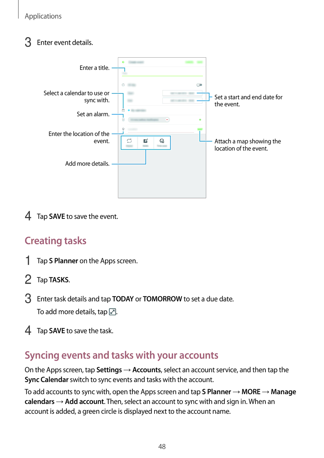 Samsung SM2T280NZKAXEZ, SM-T280NZKADBT, SM-T280NZWADBT manual Creating tasks, Syncing events and tasks with your accounts 