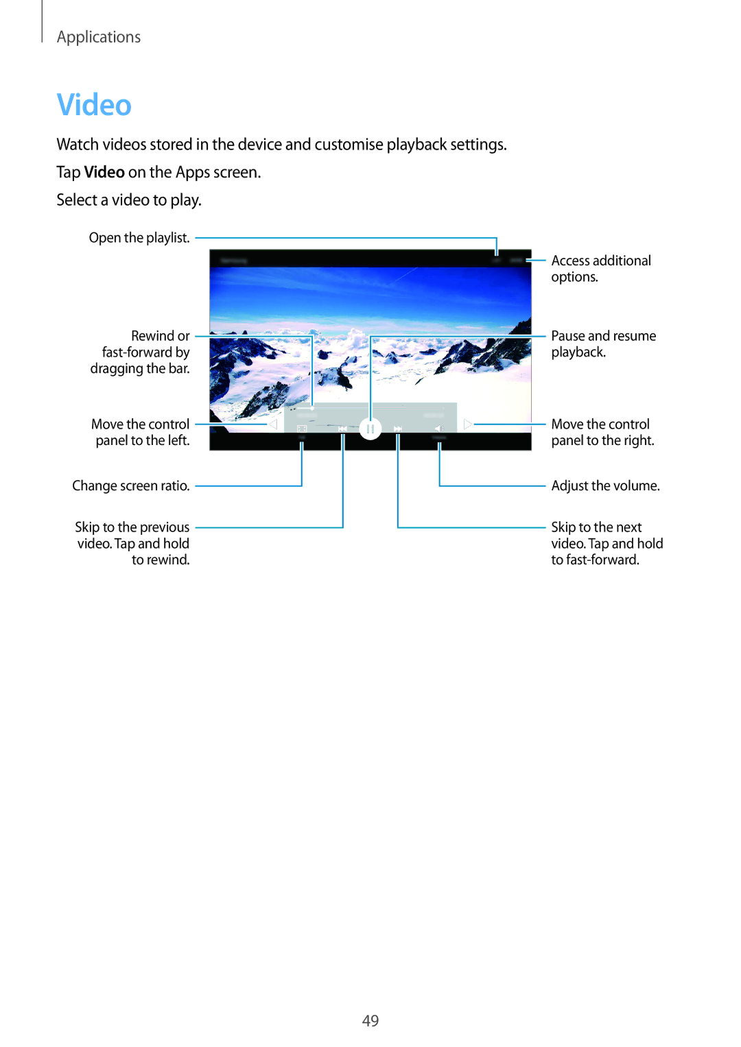 Samsung SM-T280NZWAXEH, SM-T280NZKADBT, SM-T280NZWADBT manual Video, Move the control panel to the left Change screen ratio 