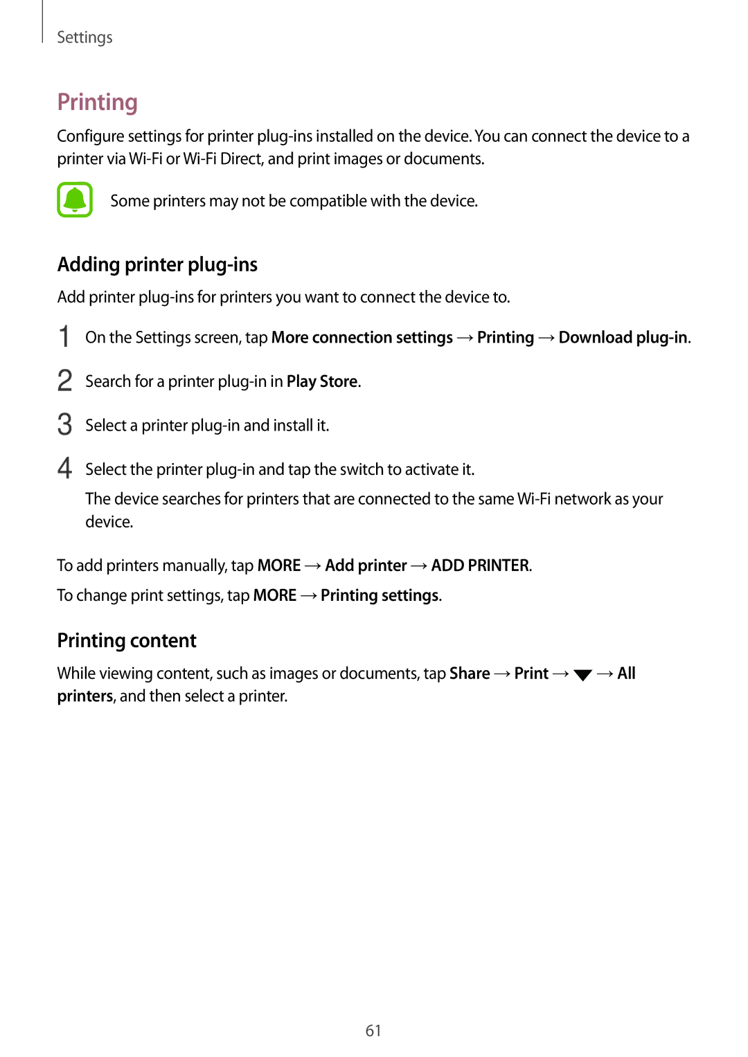 Samsung SM-T280NZWAPHE, SM-T280NZKADBT, SM-T280NZWADBT, SM-T280NZKAXEF manual Adding printer plug-ins, Printing content 