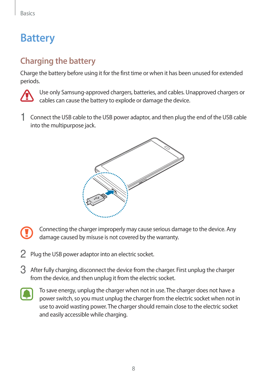 Samsung SM-T280NZKASEB, SM-T280NZKADBT, SM-T280NZWADBT, SM-T280NZKAXEF, SM-T280NZWAXEF manual Battery, Charging the battery 