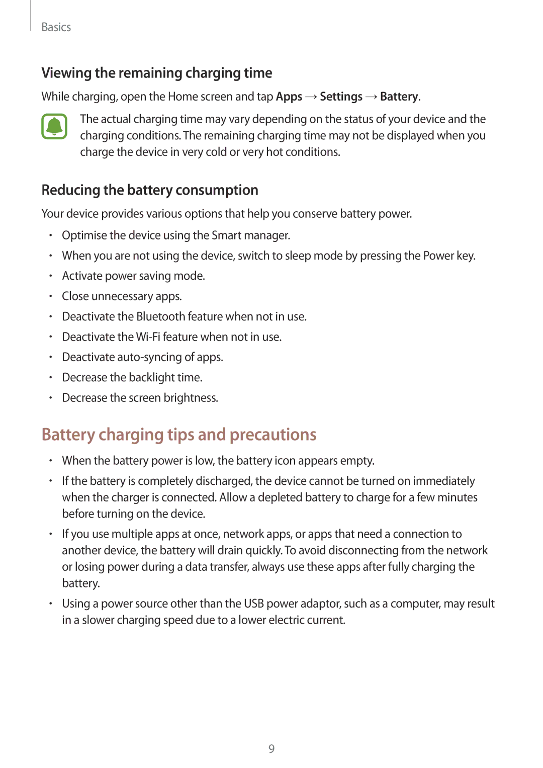 Samsung SM-T280NZWASEB, SM-T280NZKADBT manual Battery charging tips and precautions, Viewing the remaining charging time 