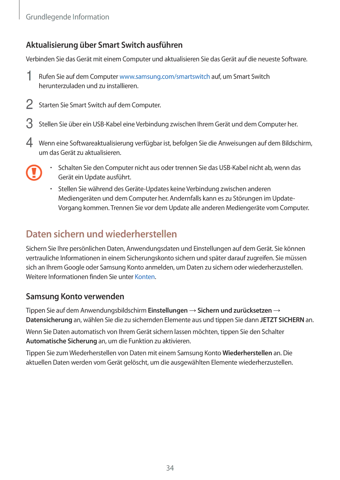 Samsung SM-T280NZKADBT, SM-T280NZWADBT manual Daten sichern und wiederherstellen, Aktualisierung über Smart Switch ausführen 