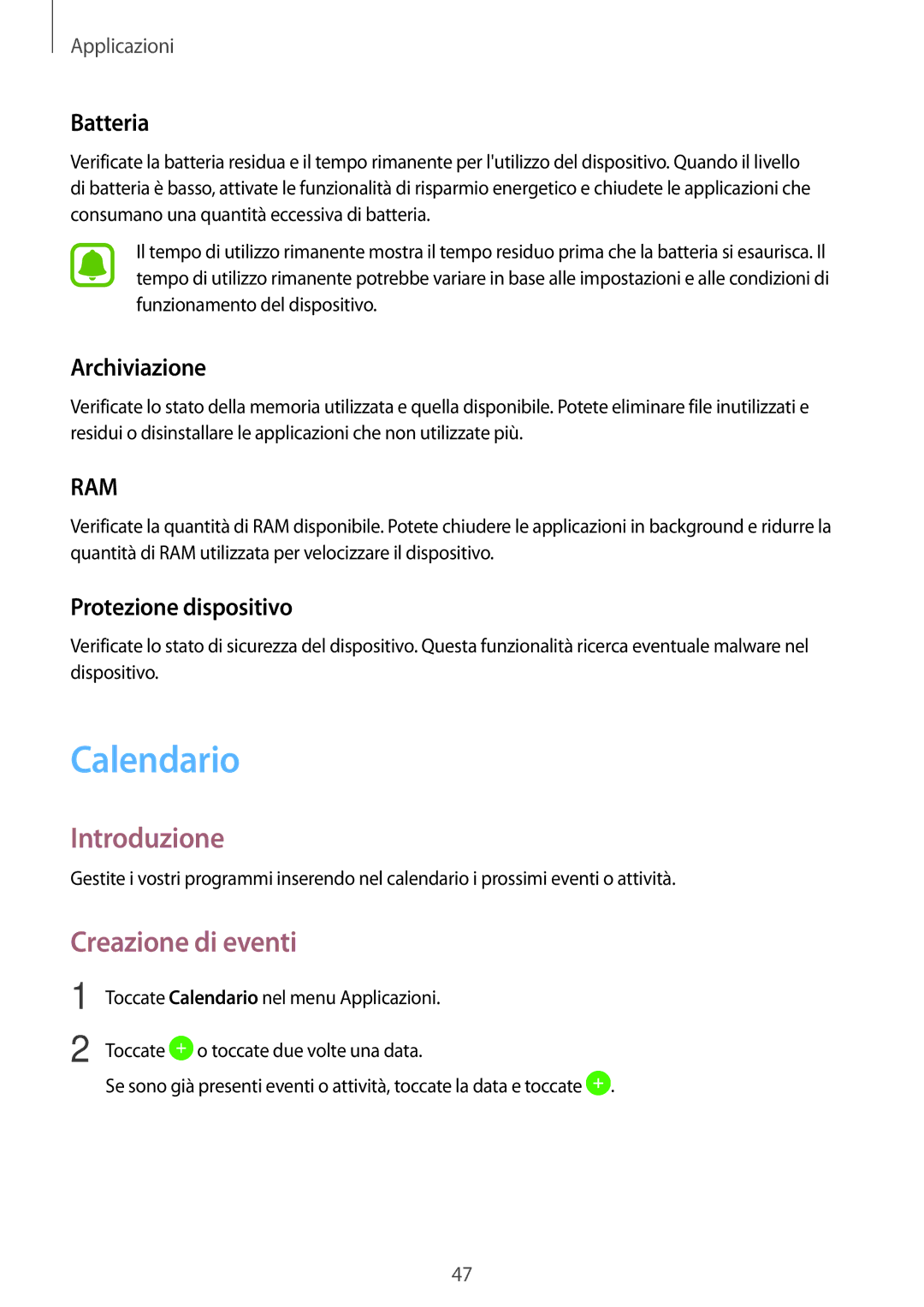 Samsung SM-T280NZKAITV manual Calendario, Creazione di eventi, Batteria, Archiviazione, Protezione dispositivo 