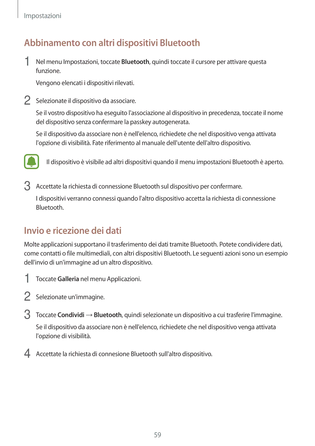 Samsung SM-T280NZKAITV manual Abbinamento con altri dispositivi Bluetooth, Invio e ricezione dei dati 