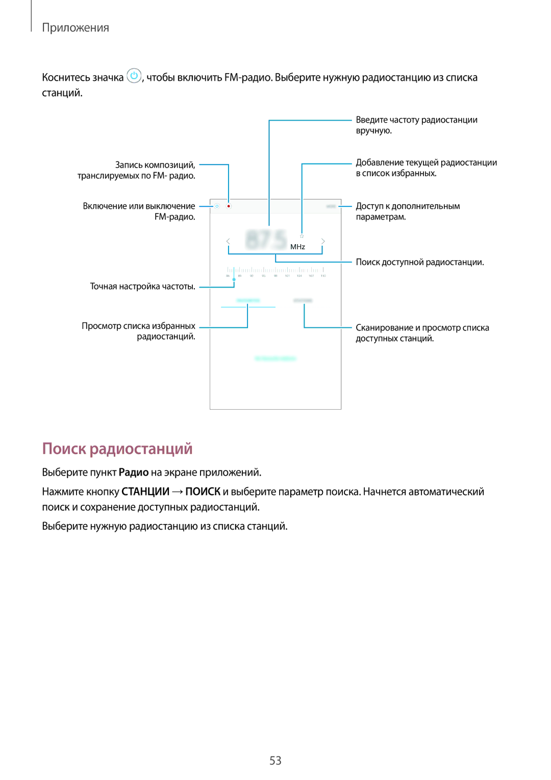 Samsung SM-T280NZWASER, SM-T280NZKASEB, SM-T280NZWASEB, SM-T280NZKASER, SM-T280NZSASER manual Поиск радиостанций 