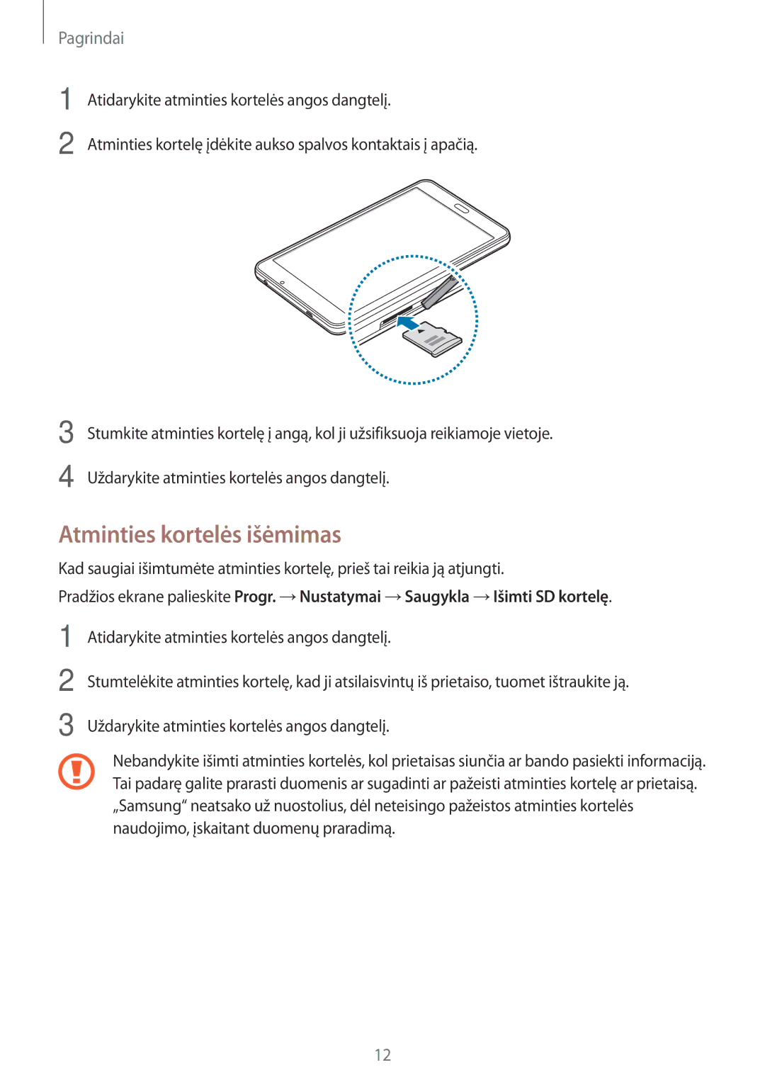 Samsung SM-T280NZKASEB, SM-T280NZWASEB manual Atminties kortelės išėmimas 