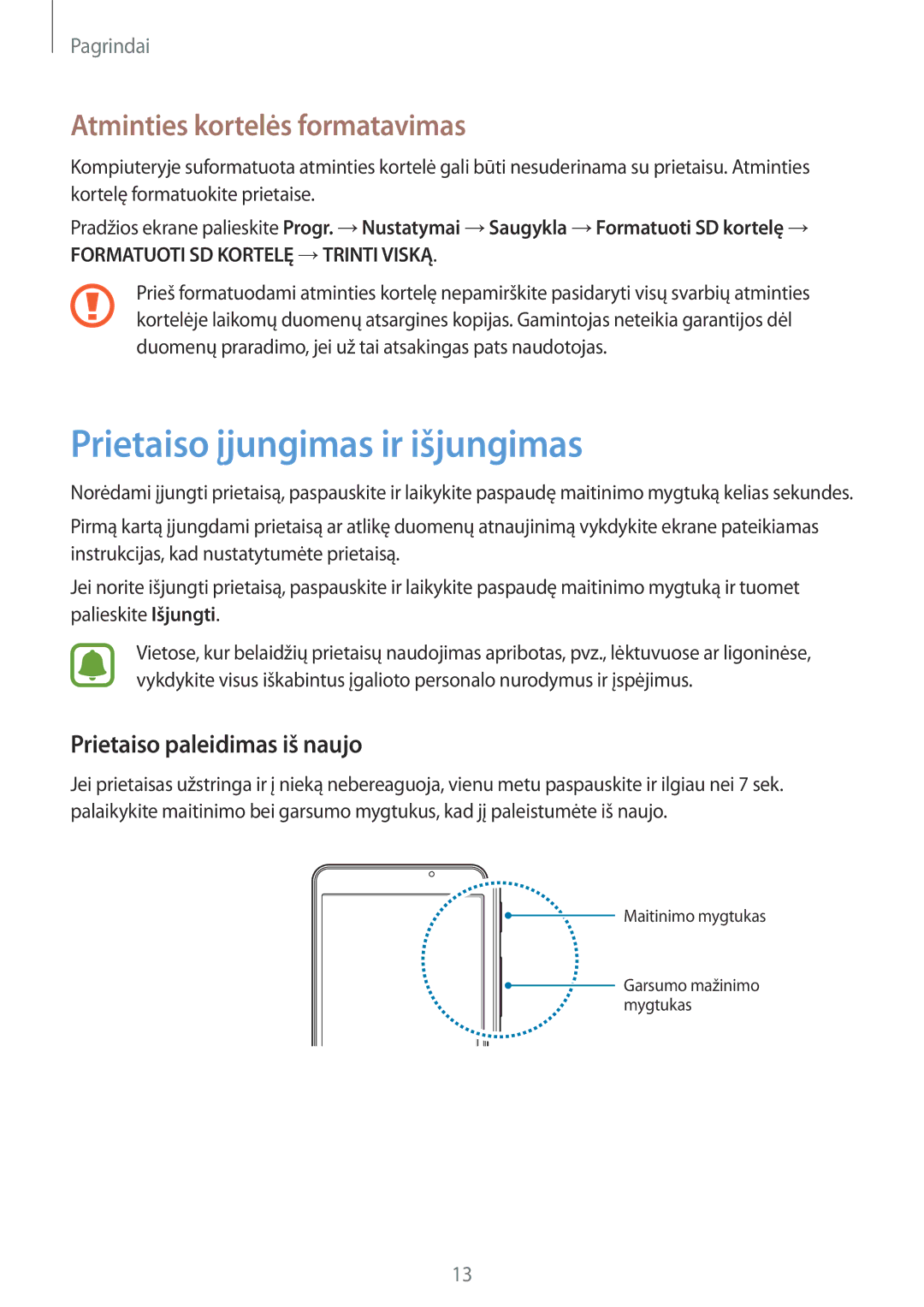 Samsung SM-T280NZWASEB Prietaiso įjungimas ir išjungimas, Atminties kortelės formatavimas, Prietaiso paleidimas iš naujo 