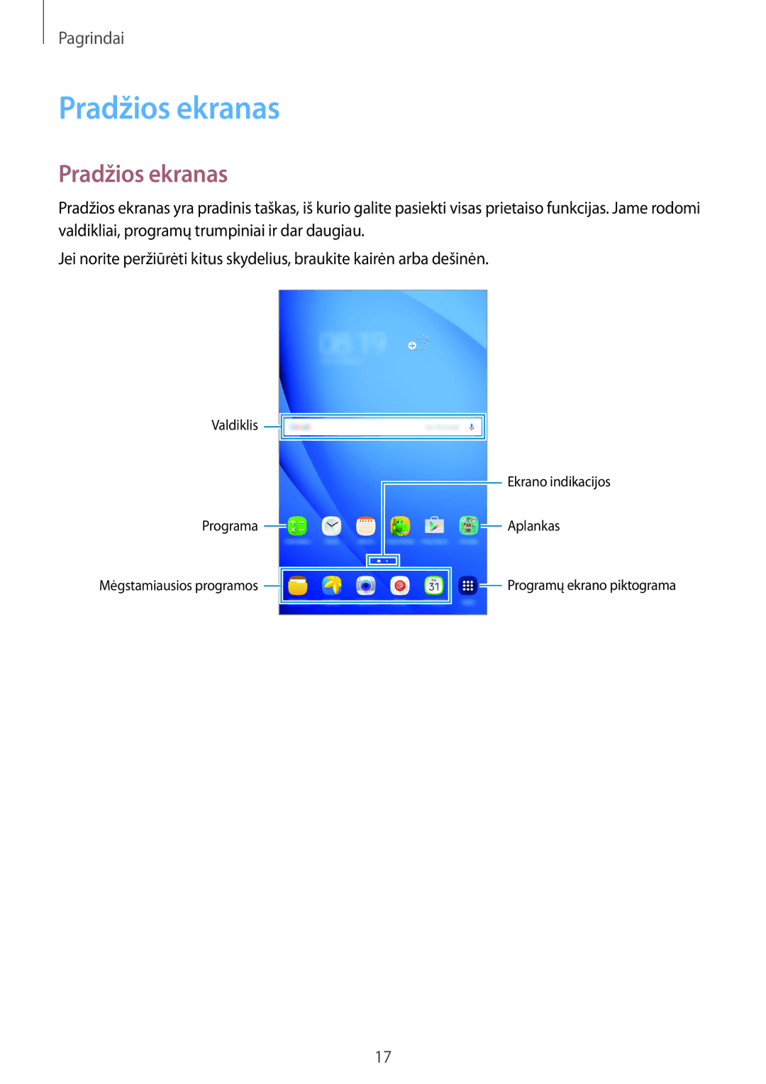 Samsung SM-T280NZWASEB, SM-T280NZKASEB manual Pradžios ekranas 