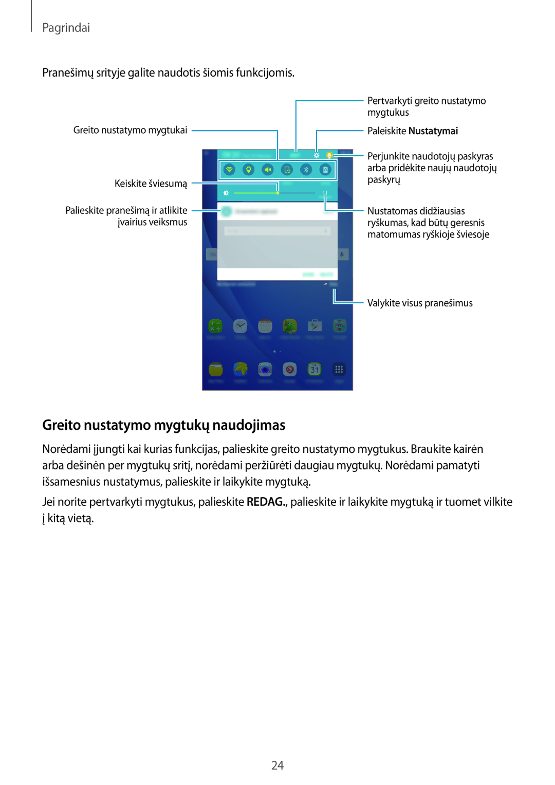 Samsung SM-T280NZKASEB manual Greito nustatymo mygtukų naudojimas, Pranešimų srityje galite naudotis šiomis funkcijomis 