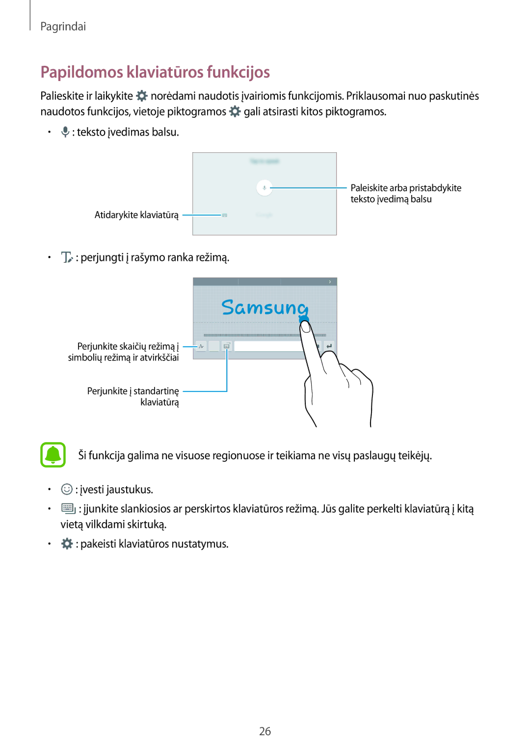 Samsung SM-T280NZKASEB, SM-T280NZWASEB manual Papildomos klaviatūros funkcijos, Perjungti į rašymo ranka režimą 