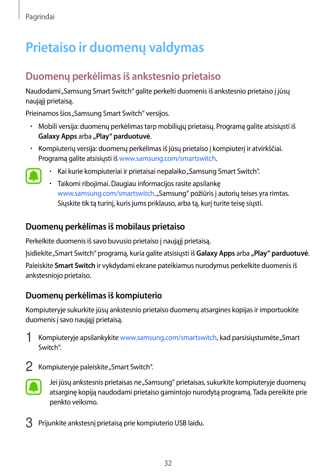 Samsung SM-T280NZKASEB, SM-T280NZWASEB manual Prietaiso ir duomenų valdymas, Duomenų perkėlimas iš ankstesnio prietaiso 