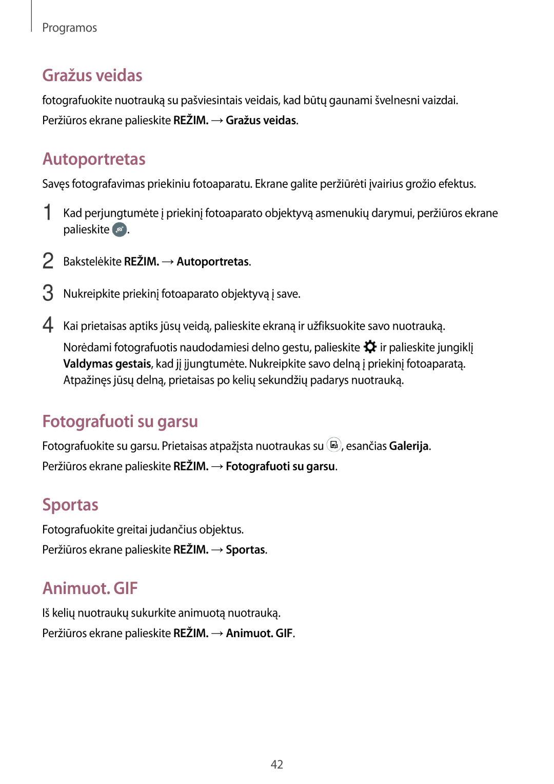Samsung SM-T280NZKASEB, SM-T280NZWASEB manual Gražus veidas, Autoportretas, Fotografuoti su garsu, Sportas, Animuot. GIF 