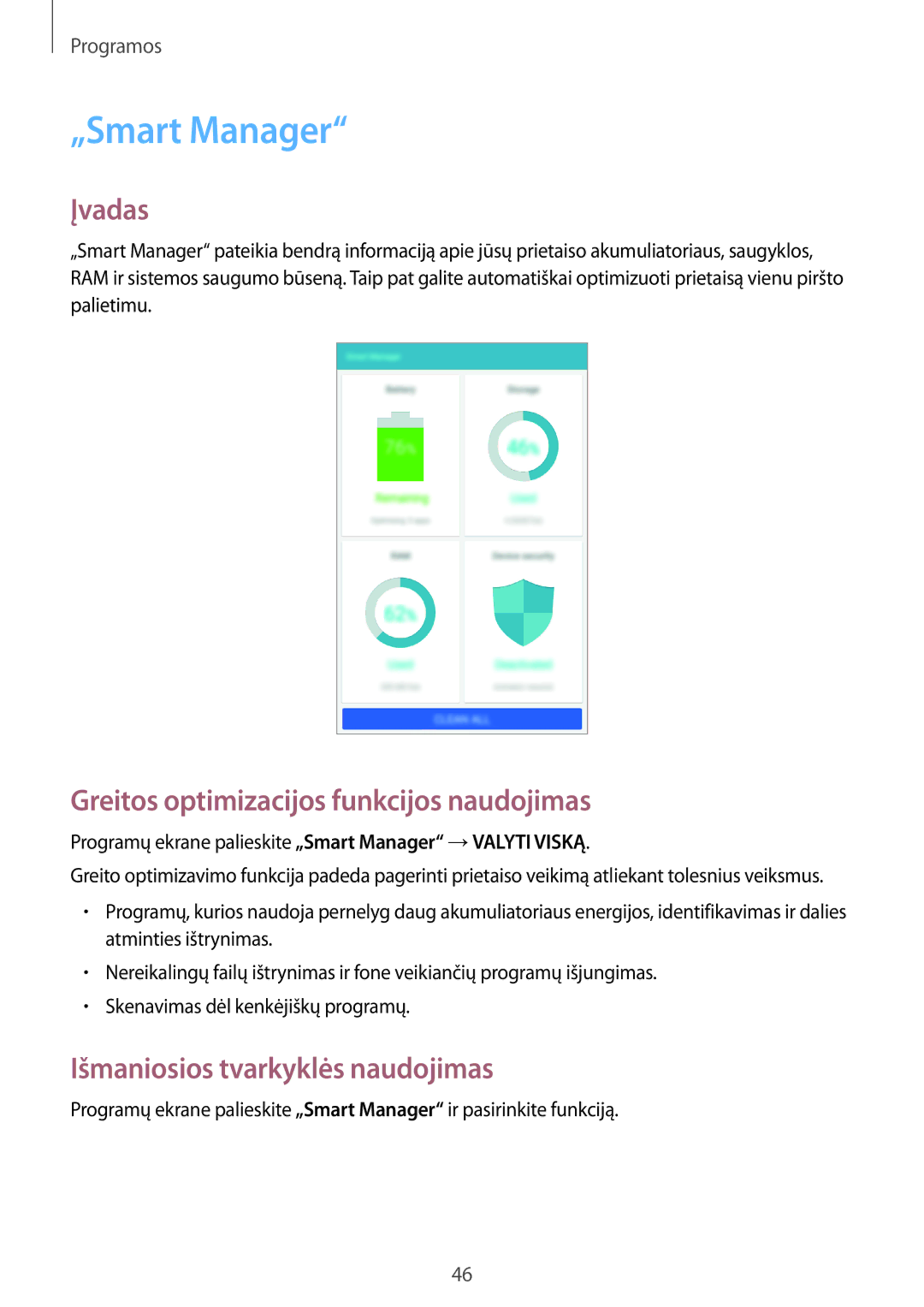 Samsung SM-T280NZKASEB manual „Smart Manager, Greitos optimizacijos funkcijos naudojimas, Išmaniosios tvarkyklės naudojimas 