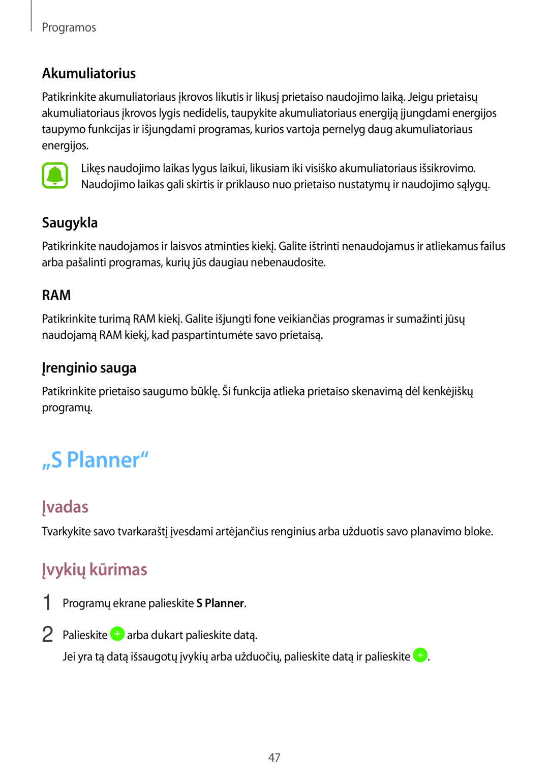 Samsung SM-T280NZWASEB, SM-T280NZKASEB manual „S Planner, Įvykių kūrimas, Akumuliatorius, Saugykla, Įrenginio sauga 