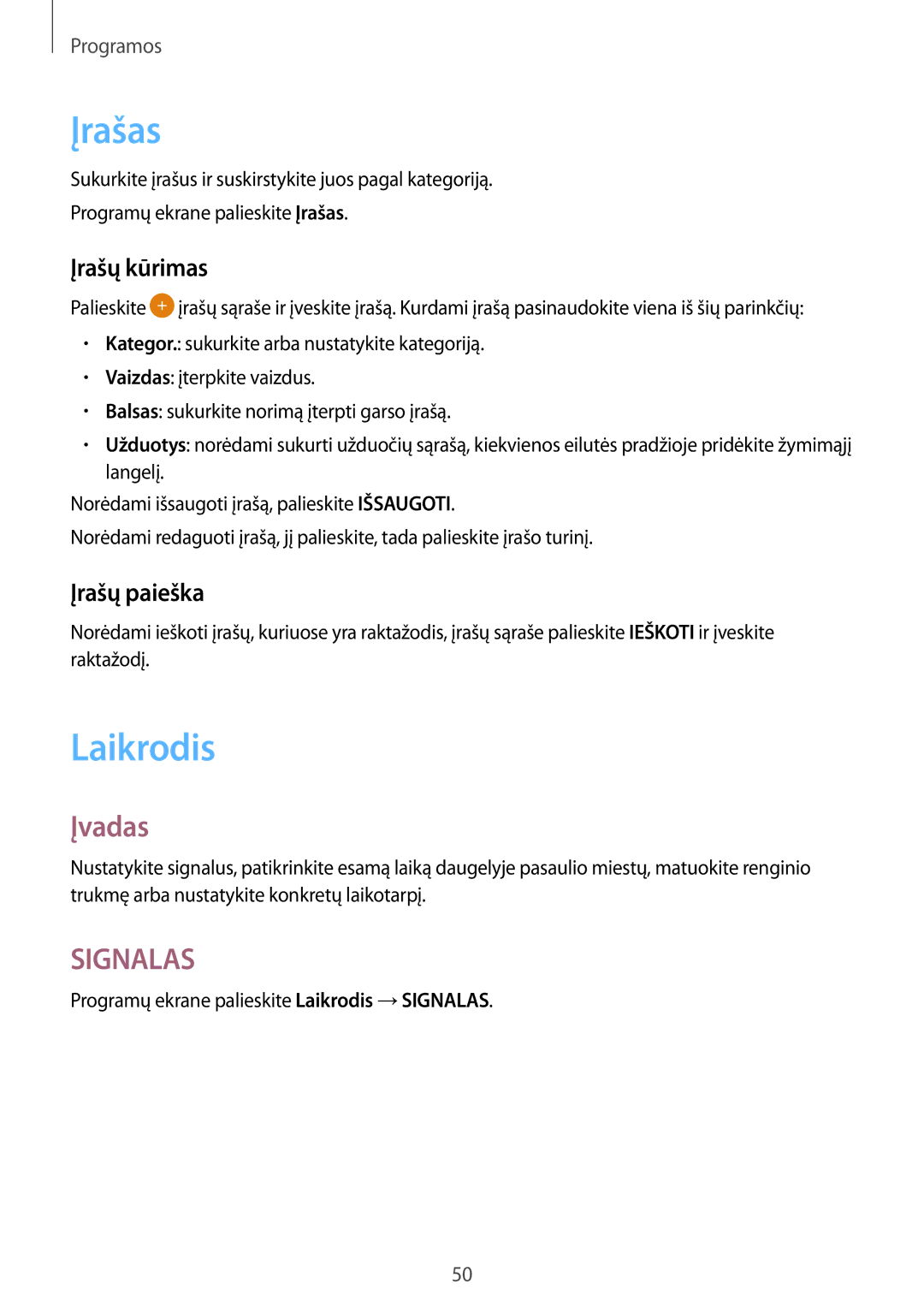 Samsung SM-T280NZKASEB, SM-T280NZWASEB manual Įrašas, Laikrodis, Įrašų kūrimas, Įrašų paieška 