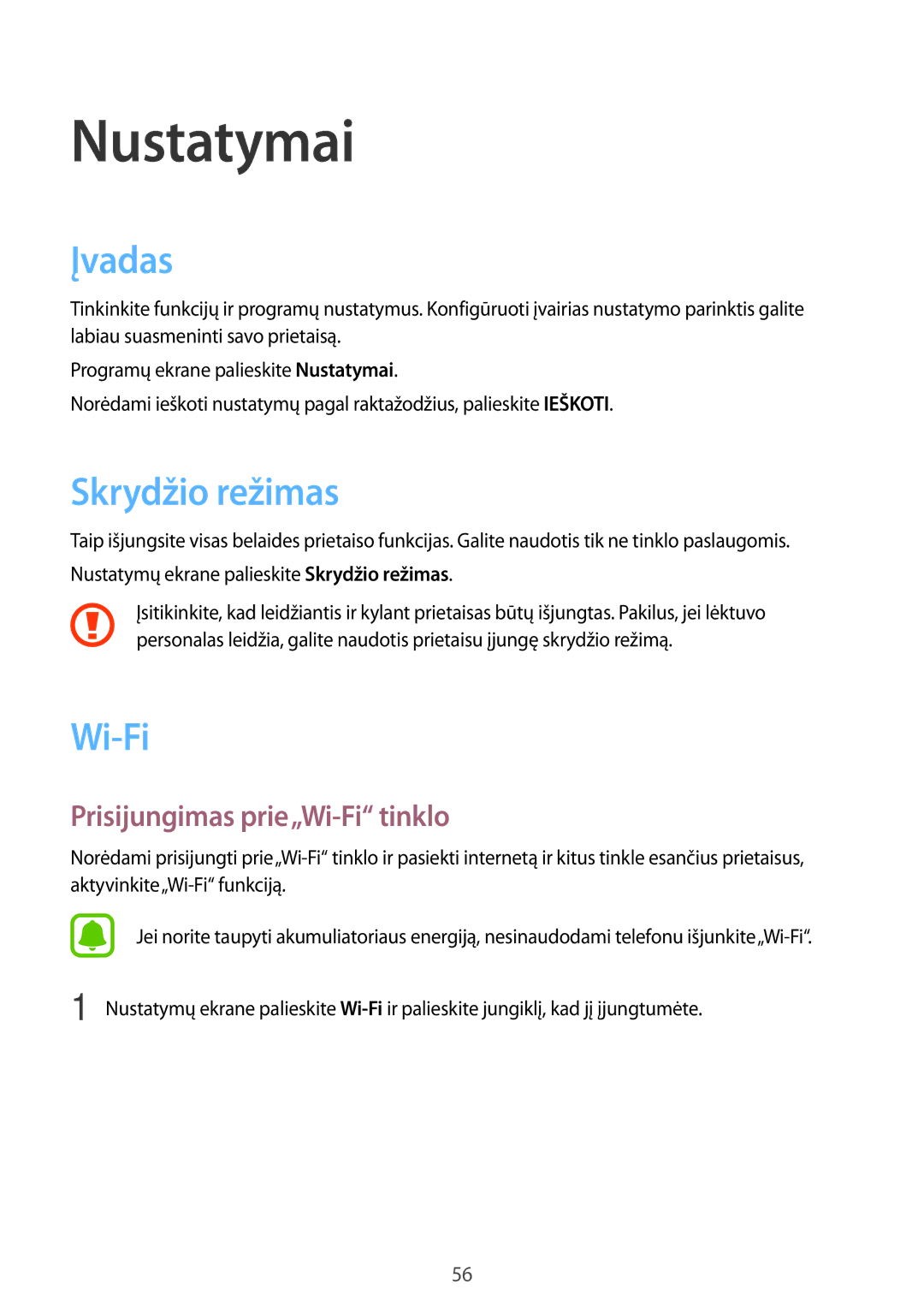 Samsung SM-T280NZKASEB, SM-T280NZWASEB manual Įvadas, Skrydžio režimas, Prisijungimas prie„Wi-Fi tinklo 