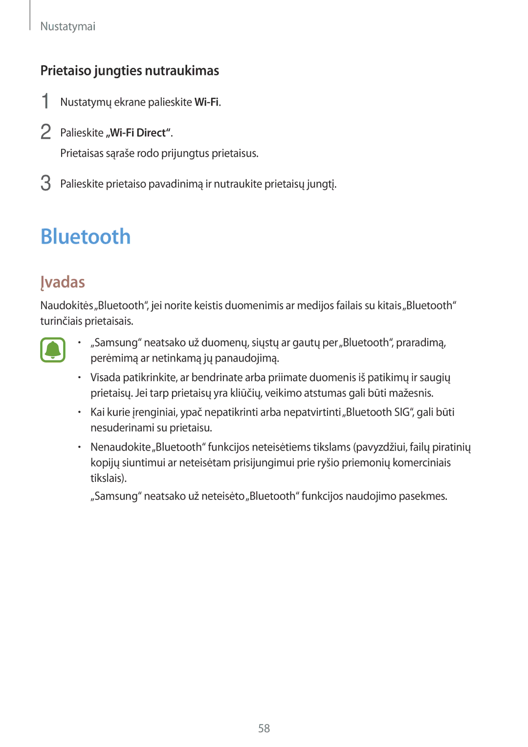 Samsung SM-T280NZKASEB, SM-T280NZWASEB manual Bluetooth, Prietaiso jungties nutraukimas 