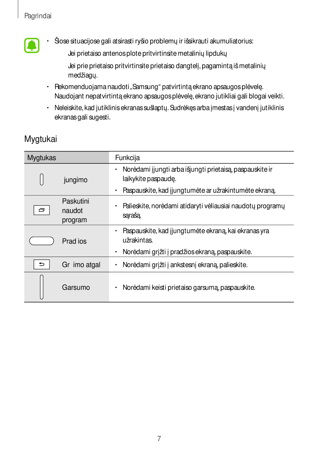 Samsung SM-T280NZWASEB, SM-T280NZKASEB manual Mygtukai, Pagrindai 