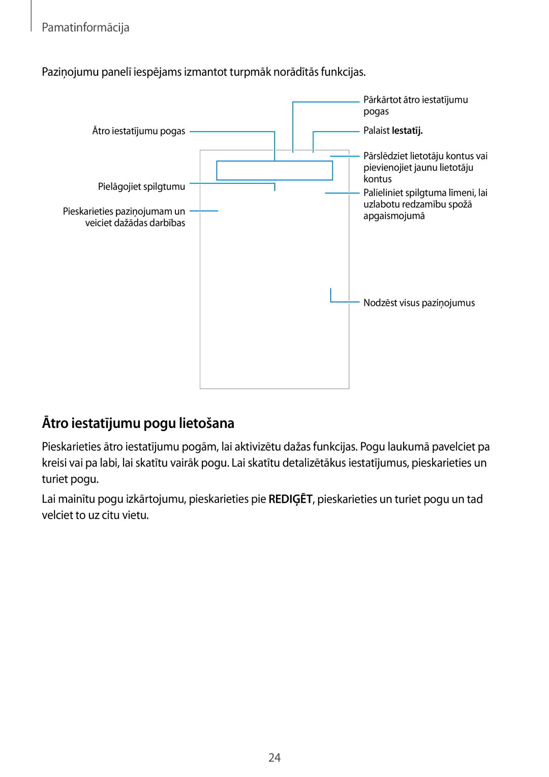 Samsung SM-T280NZKASEB, SM-T280NZWASEB manual Ātro iestatījumu pogu lietošana, Palaist Iestatīj 