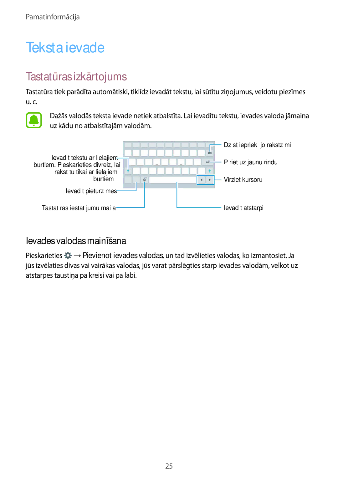 Samsung SM-T280NZWASEB, SM-T280NZKASEB manual Teksta ievade, Tastatūras izkārtojums, Ievades valodas mainīšana 