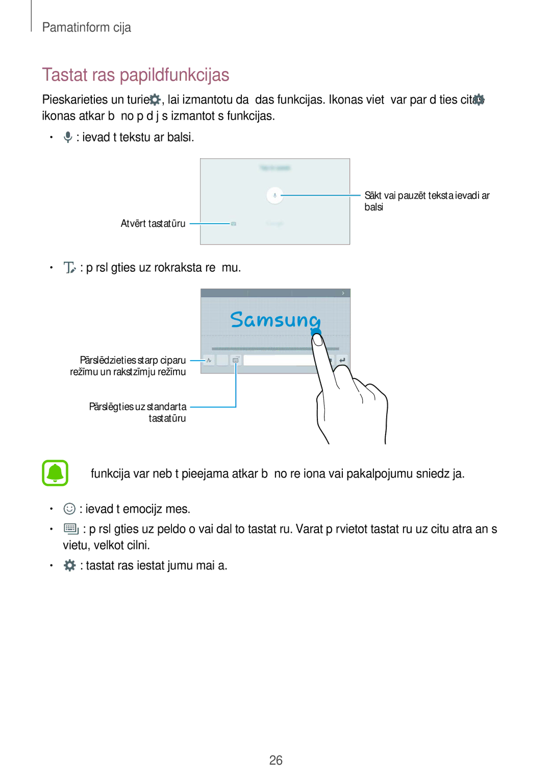 Samsung SM-T280NZKASEB, SM-T280NZWASEB manual Tastatūras papildfunkcijas 