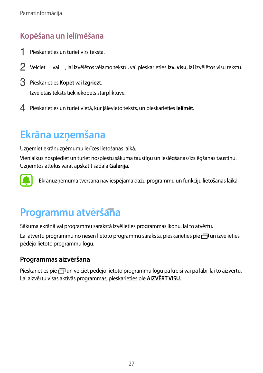 Samsung SM-T280NZWASEB manual Ekrāna uzņemšana, Programmu atvēršana, Kopēšana un ielīmēšana, Programmas aizvēršana 