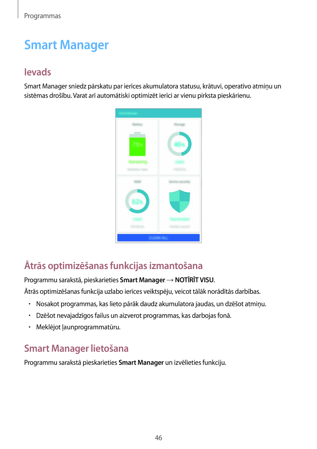 Samsung SM-T280NZKASEB, SM-T280NZWASEB manual Ātrās optimizēšanas funkcijas izmantošana, Smart Manager lietošana 