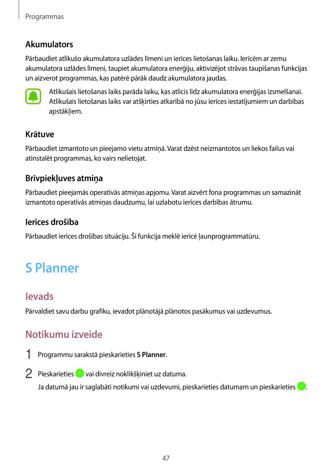 Samsung SM-T280NZWASEB, SM-T280NZKASEB manual Planner, Notikumu izveide 