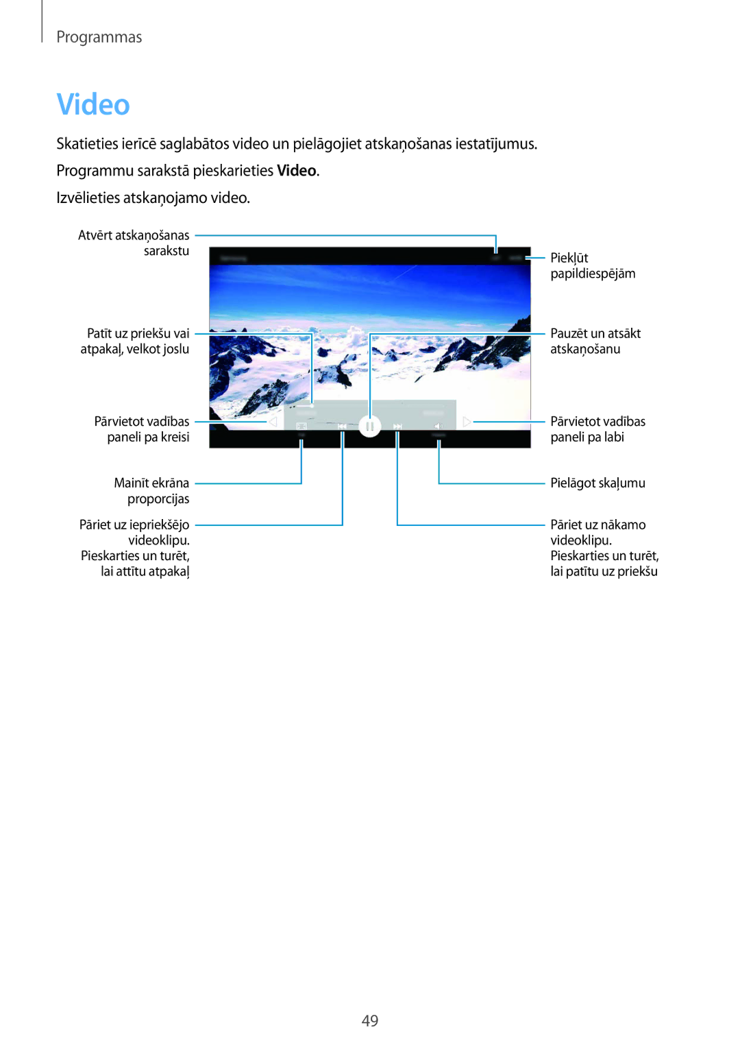 Samsung SM-T280NZWASEB, SM-T280NZKASEB manual Video, Pārvietot vadības paneli pa kreisi 