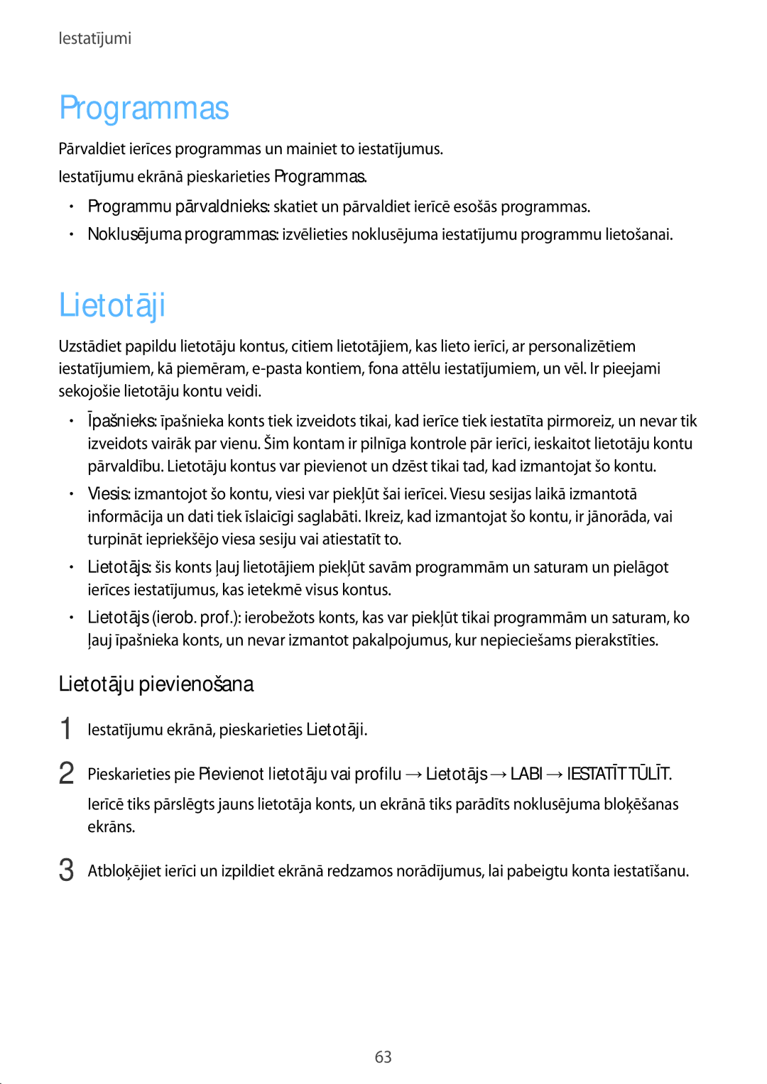 Samsung SM-T280NZWASEB, SM-T280NZKASEB manual Programmas, Lietotāji, Lietotāju pievienošana 