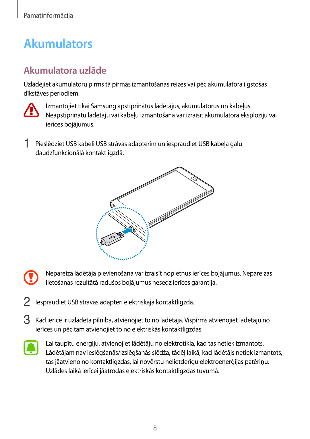 Samsung SM-T280NZKASEB, SM-T280NZWASEB manual Akumulators, Akumulatora uzlāde 