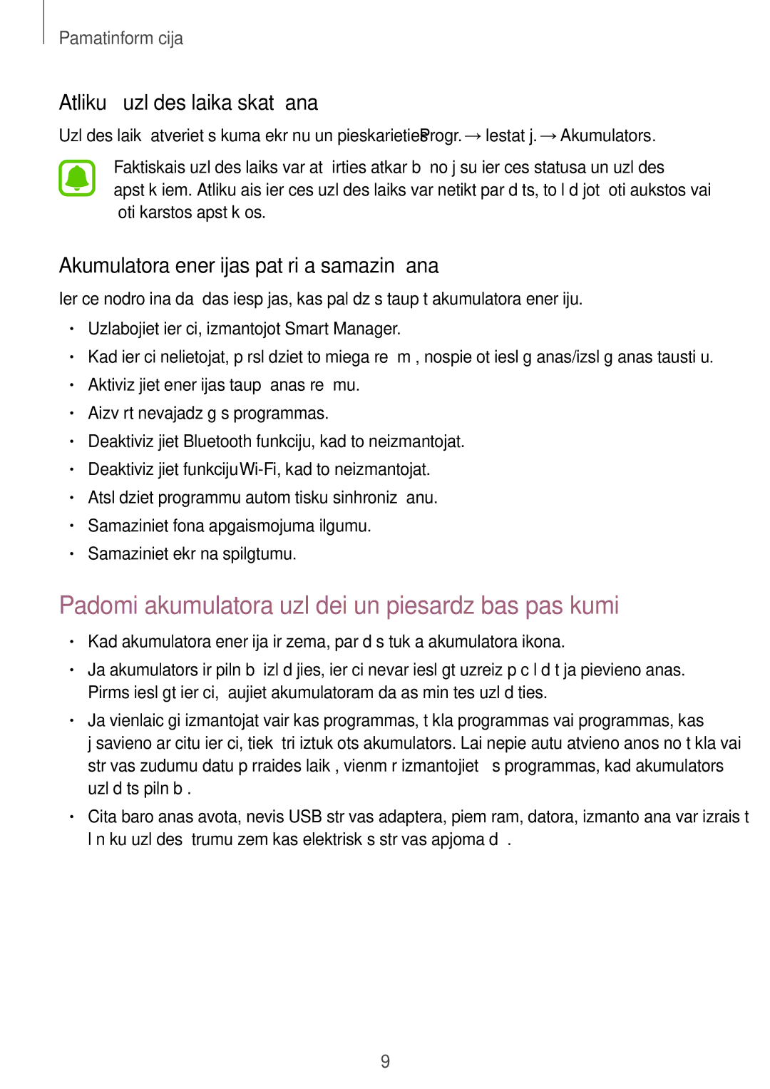 Samsung SM-T280NZWASEB manual Padomi akumulatora uzlādei un piesardzības pasākumi, Atlikušā uzlādes laika skatīšana 