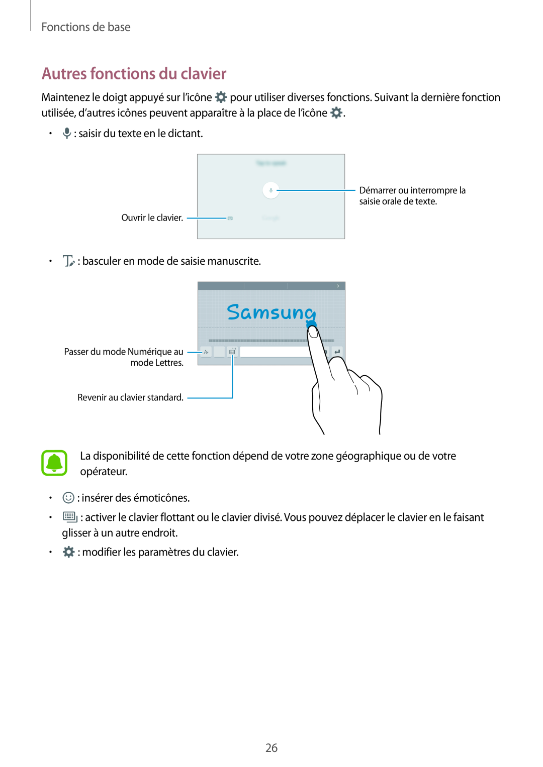Samsung SM-T280NZKAXEF, SM-T280NZWAXEF manual Autres fonctions du clavier, Fonctions de base, Revenir au clavier standard 