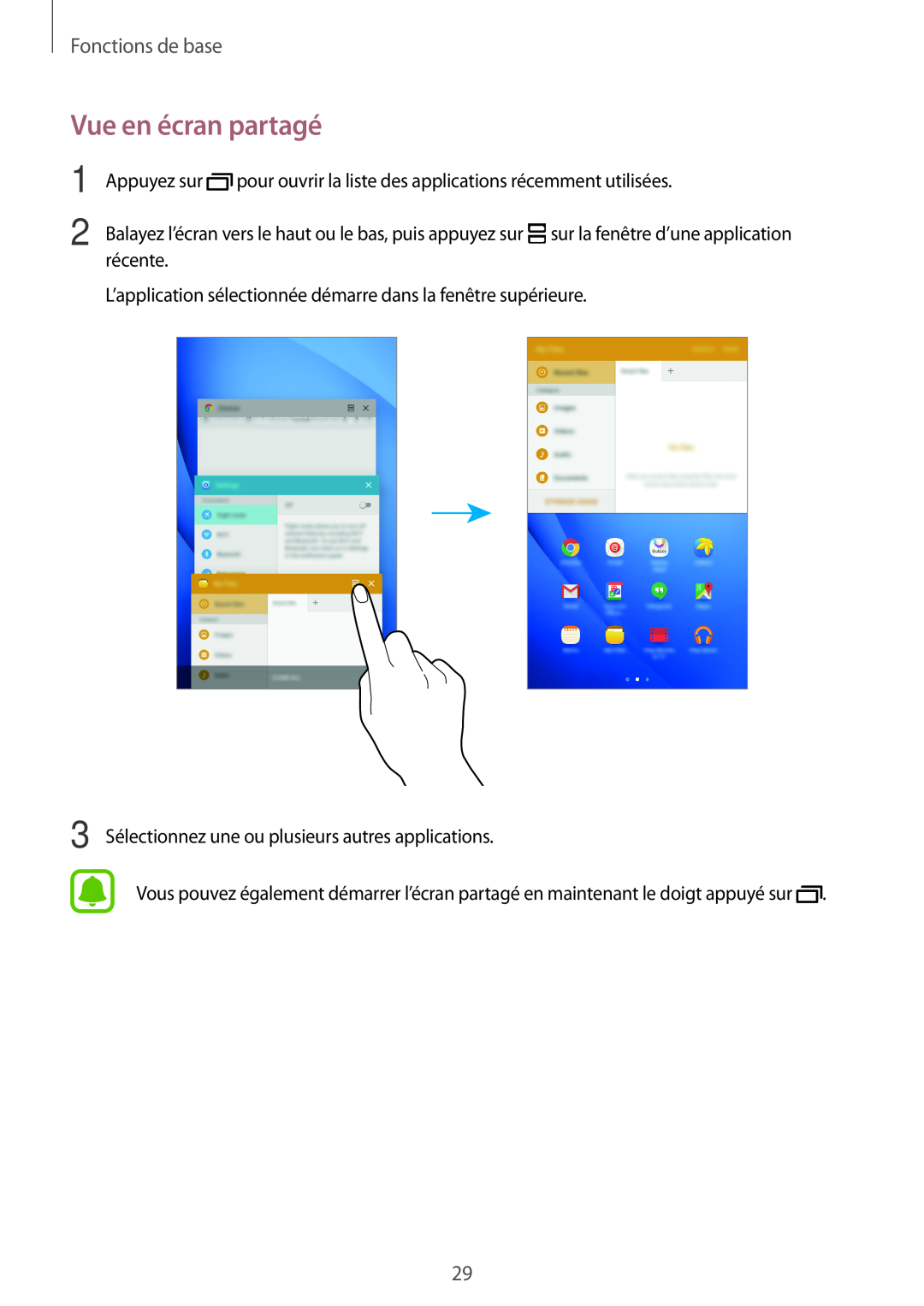 Samsung SM-T280NZWAXEF manual Vue en écran partagé, Fonctions de base, 3 Sélectionnez une ou plusieurs autres applications 