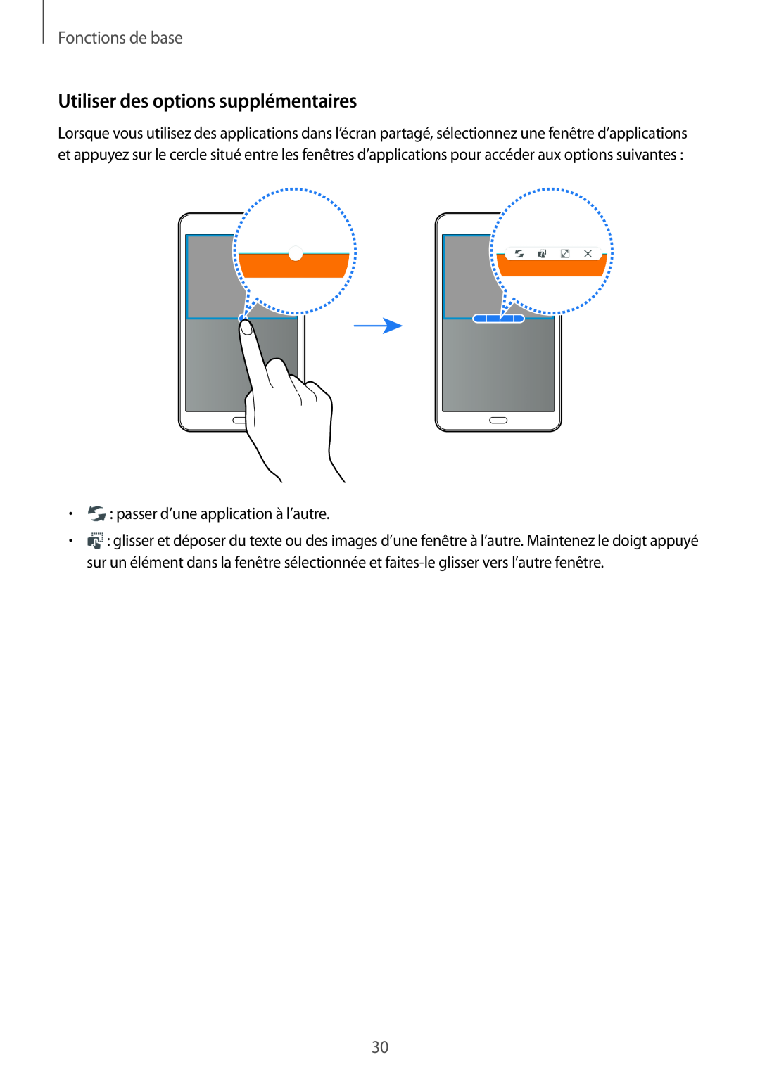 Samsung SM-T280NZKAXEF manual Utiliser des options supplémentaires, Fonctions de base, passer d’une application à l’autre 