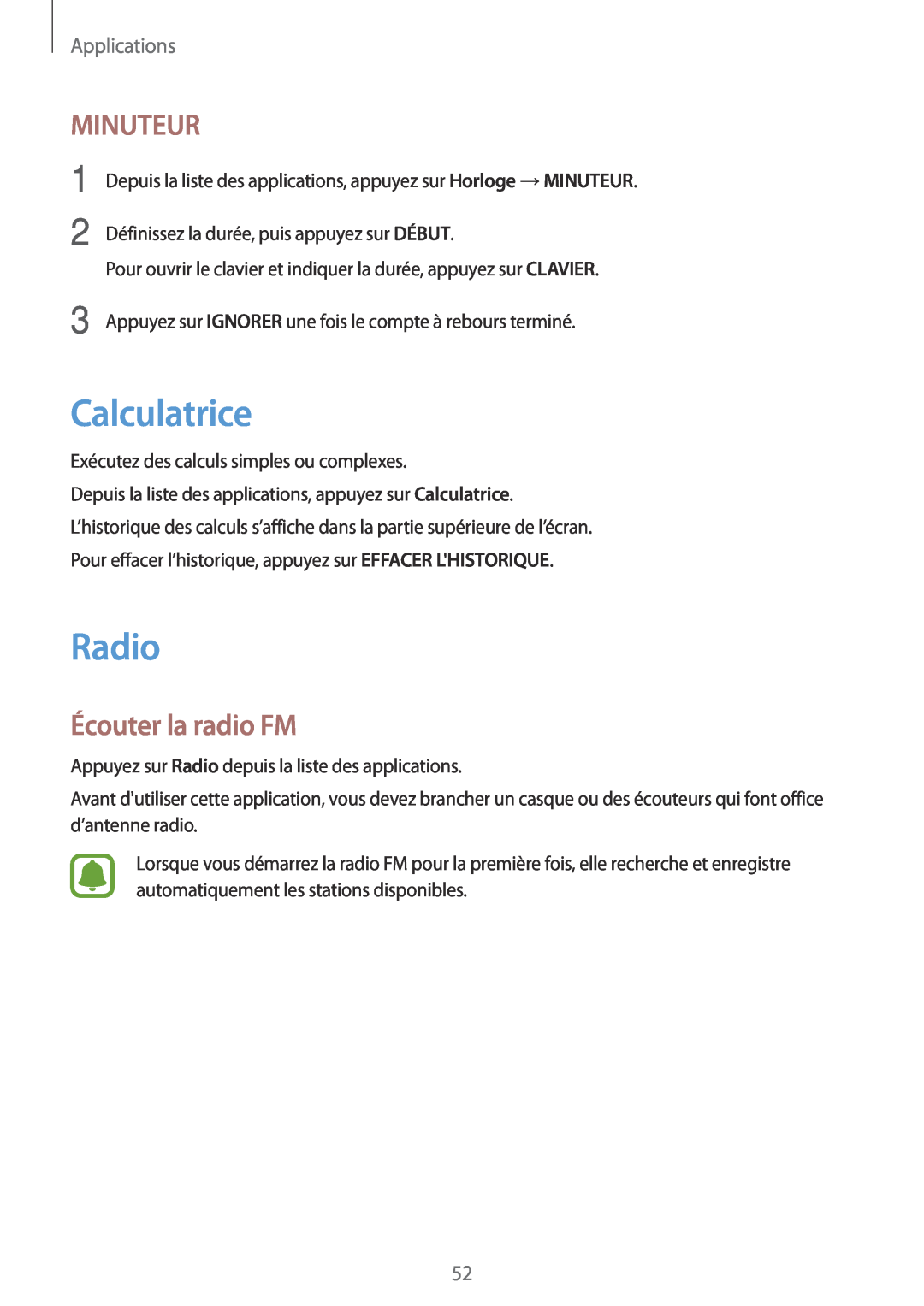 Samsung SM-T280NZKAXEF, SM-T280NZWAXEF manual Calculatrice, Radio, Minuteur, Écouter la radio FM, Applications 