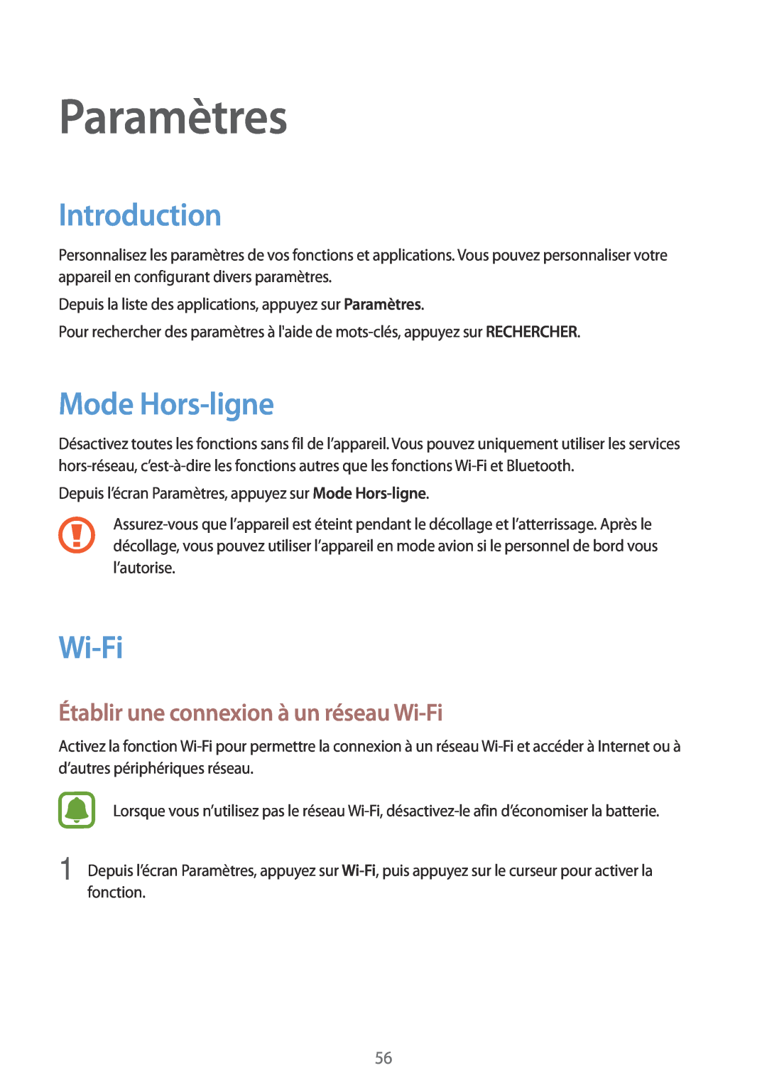 Samsung SM-T280NZKAXEF manual Paramètres, Introduction, Mode Hors-ligne, Établir une connexion à un réseau Wi-Fi 
