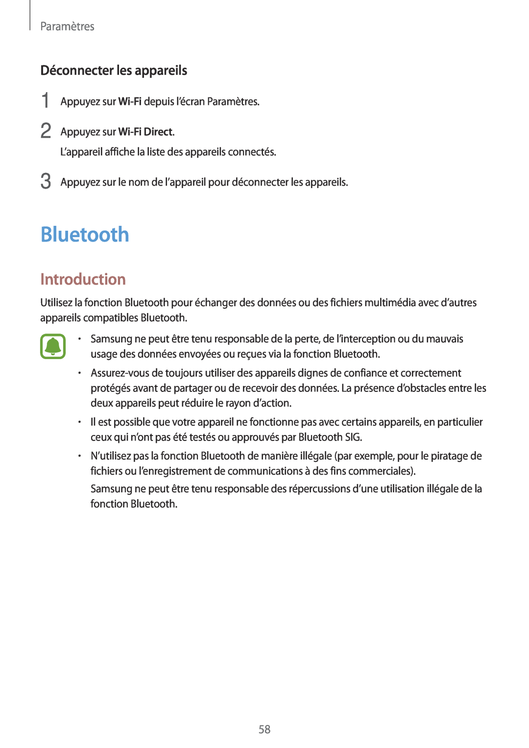 Samsung SM-T280NZKAXEF, SM-T280NZWAXEF manual Bluetooth, Déconnecter les appareils, Introduction, Paramètres 