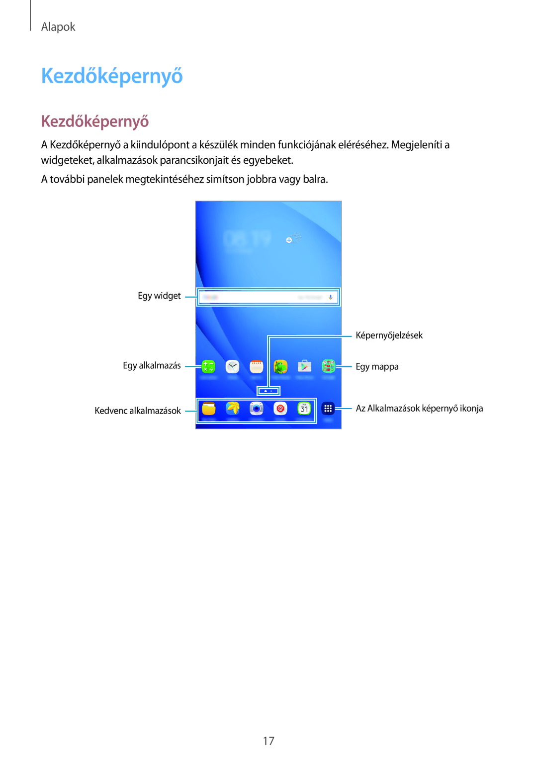 Samsung SM2T280NZWAXEZ, SM-T280NZKAXEZ, SM-T280NZKAEUR, SM-T280NZWAEUR, SM-T280NZWAXEZ, SM-T280NZKAAUT manual Kezdőképernyő 