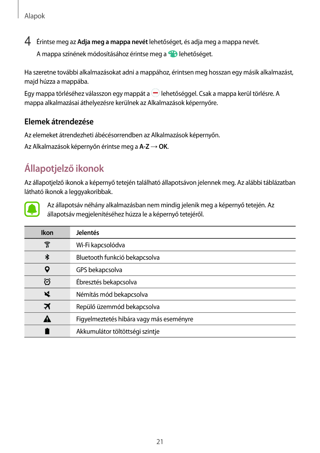 Samsung SM-T280NZWAAUT, SM-T280NZKAXEZ, SM-T280NZKAEUR, SM-T280NZWAEUR manual Állapotjelző ikonok, Elemek átrendezése 