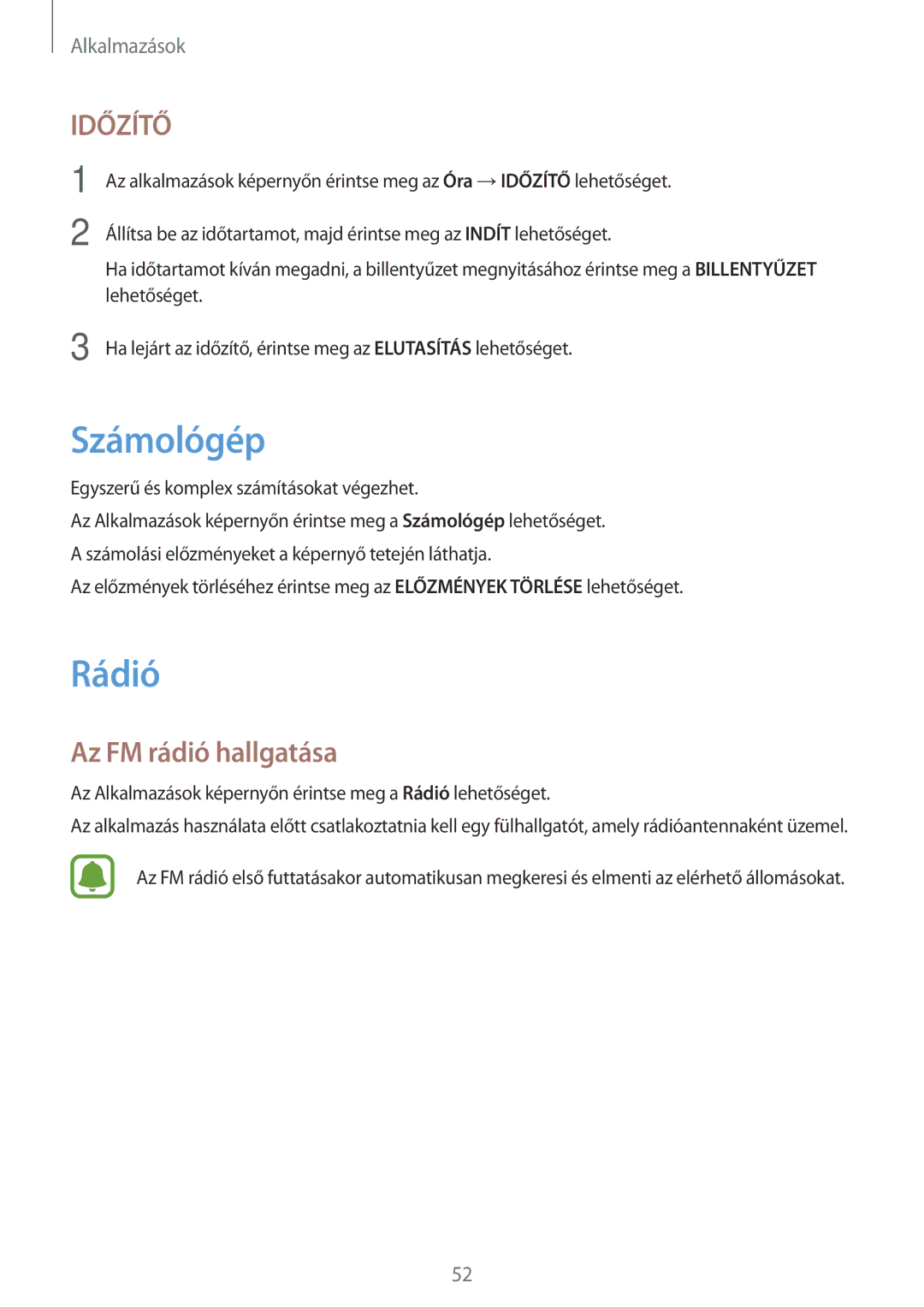 Samsung SM-T280NZWAXEH, SM-T280NZKAXEZ, SM-T280NZKAEUR, SM-T280NZWAEUR manual Számológép, Rádió, Az FM rádió hallgatása 