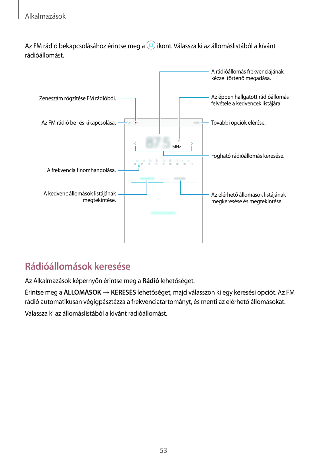 Samsung SM2T280NZWAXEH, SM-T280NZKAXEZ Rádióállomások keresése, Az Alkalmazások képernyőn érintse meg a Rádió lehetőséget 