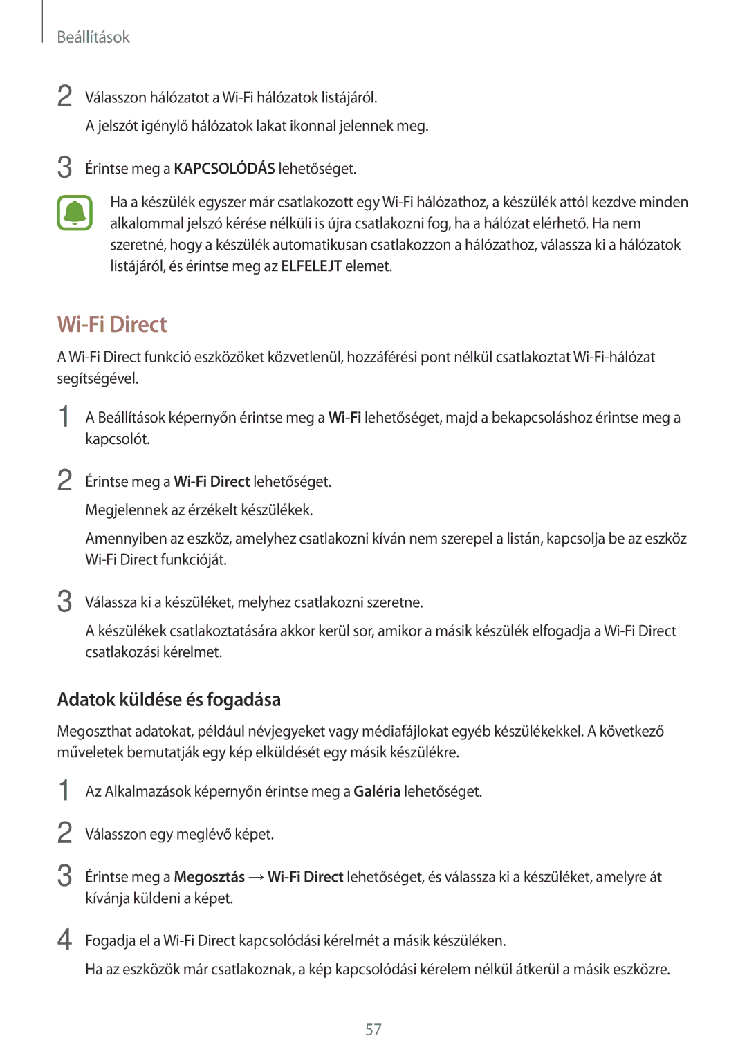 Samsung SM-T280NZKAEUR, SM-T280NZKAXEZ, SM-T280NZWAEUR, SM2T280NZWAXEZ manual Wi-Fi Direct, Adatok küldése és fogadása 