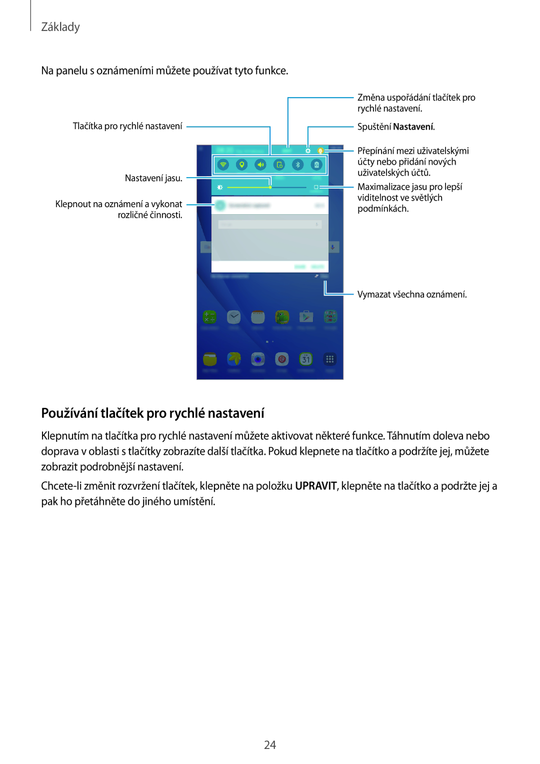 Samsung SM-T280NZKAXEZ manual Používání tlačítek pro rychlé nastavení, Na panelu s oznámeními můžete používat tyto funkce 